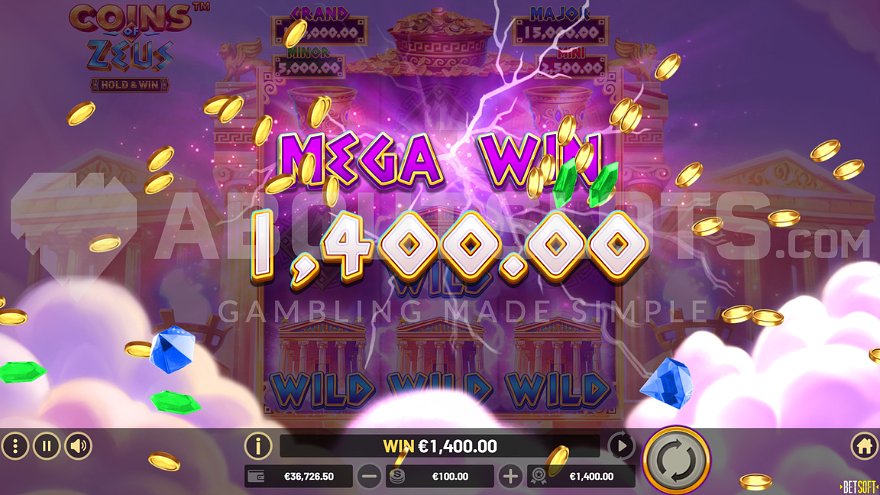 Screen congratulating a win 14 times the stake amount.