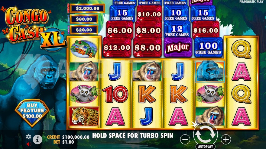 Base game with a large gorilla to the left of the reels in Congo Cash XL slot