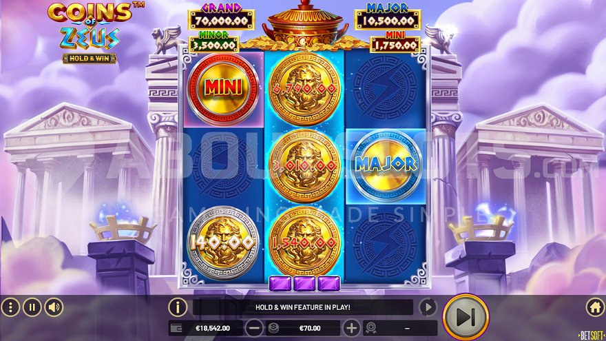 Six of nine grid positions filled with valuable coins in bonus game.