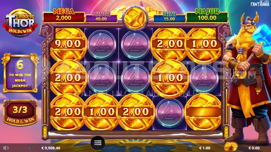Coins of Thor Hold and Win feature with jackpot symbols