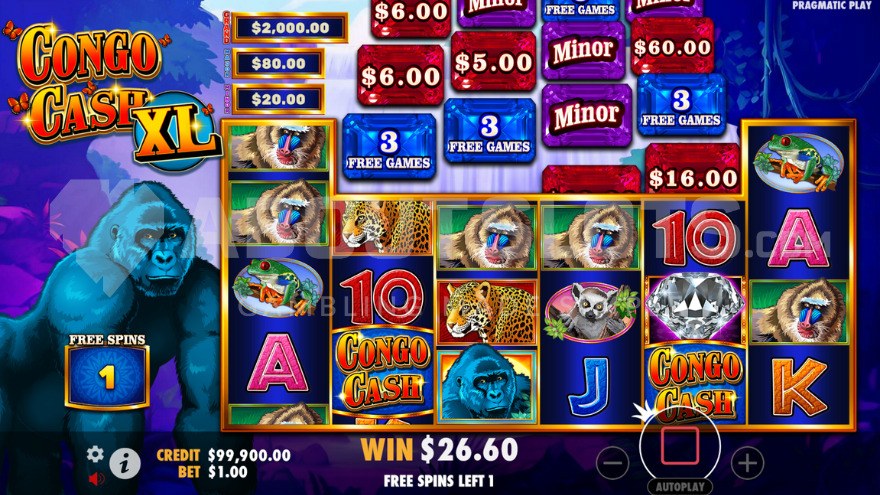 Bonus game with free spins, one free spin remaining in Congo Cash XL slot