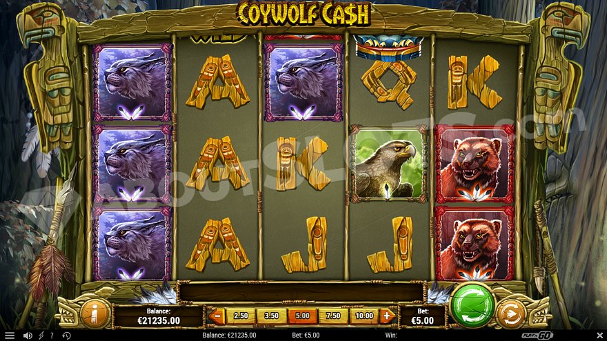 Five reels with animal symbols and letters displayed on the game screen.