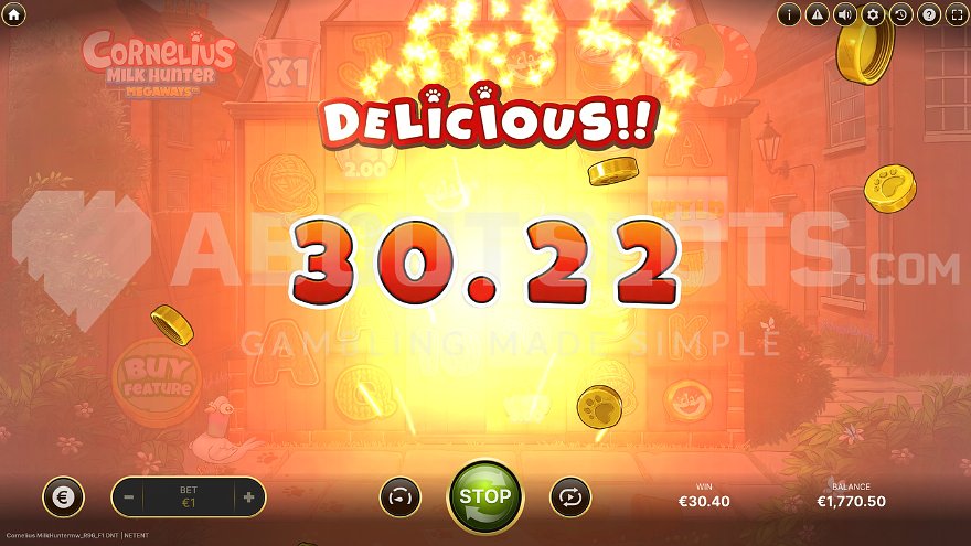Win of 30.22 times the stake in Cornelius Milk Hunter Megaways