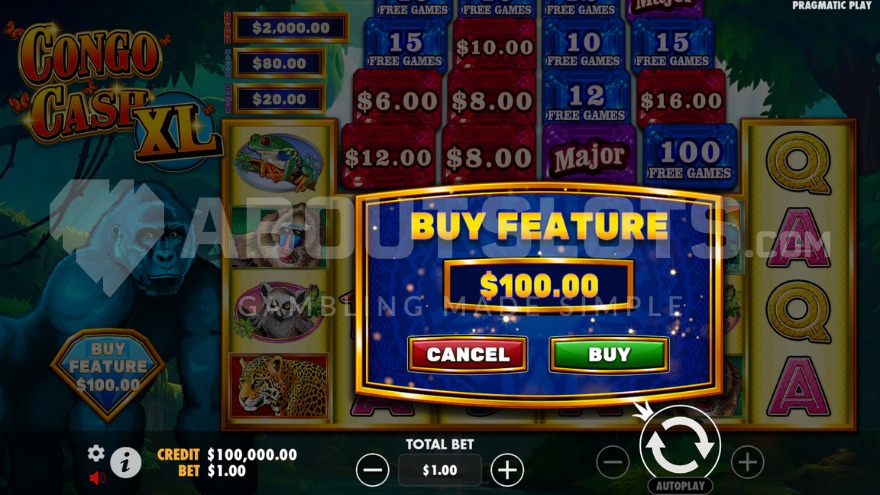 Feature buy option with one selection choice in Congo Cash XL slot