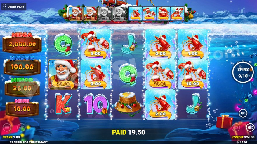 Bonus game with free spins showing Santa Claus on the first reel