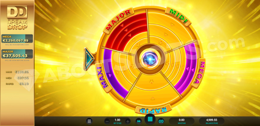 Dream Drop jackpot feature with golden wheel showing Rapid, Midi, Mega, Maxi, and Major jackpots.