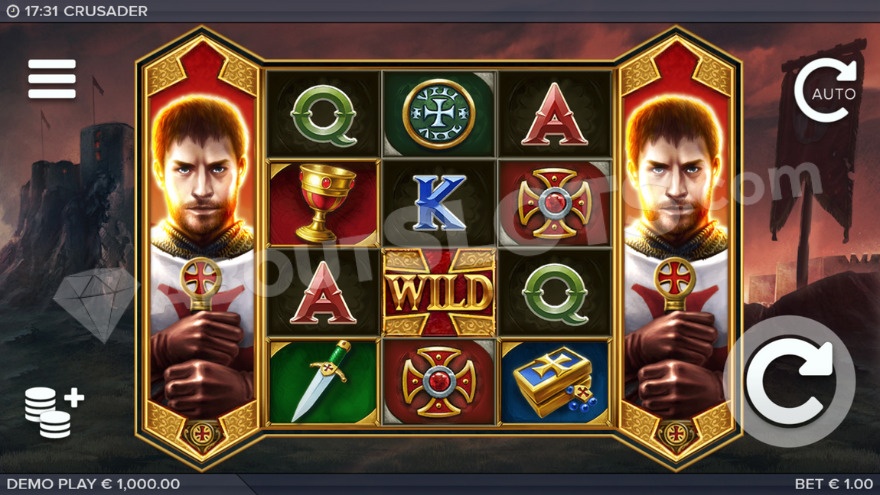 Base game with wild symbol on the middle reel in Crusader slot.