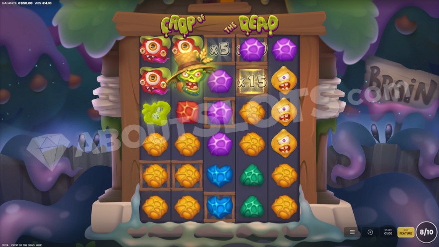 Bonus game with free spins where zombie eats brain symbols