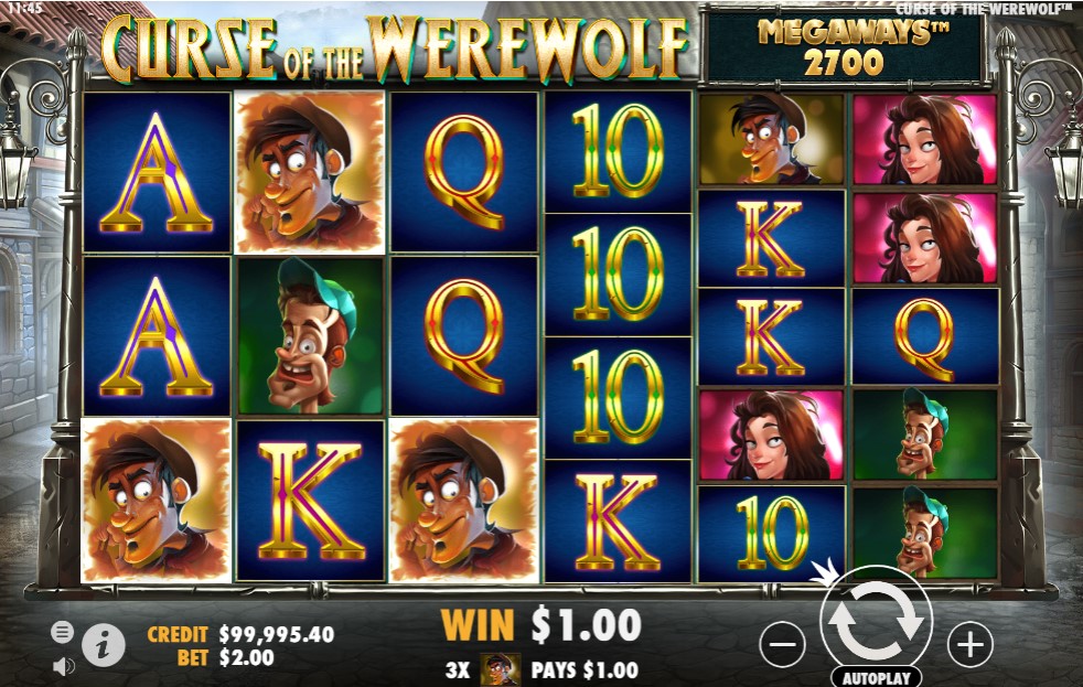 Curse of the Werewolf Megaways gameplay screen showing reels and bonus features