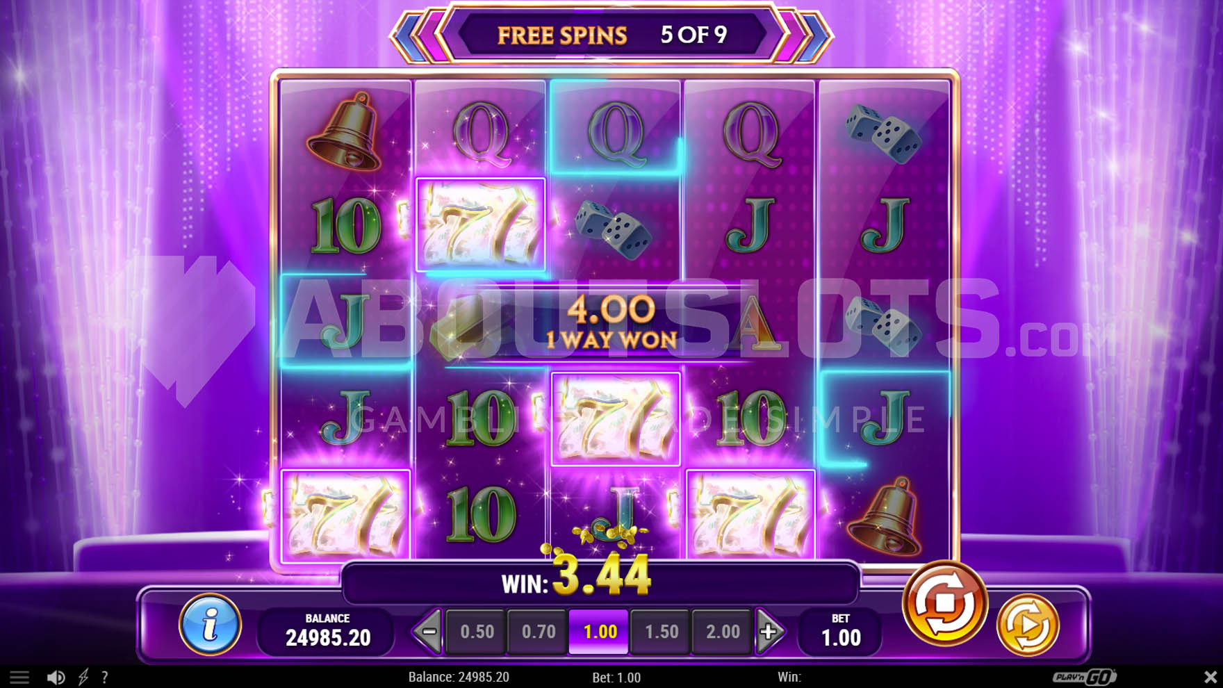 Free spins in progress showing a win on the top enhanced symbol and several highlighted positions.