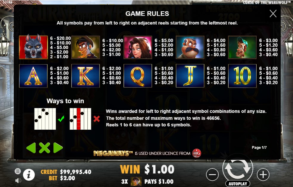 Curse of the Werewolf Megaways paytable showing symbol values and payouts