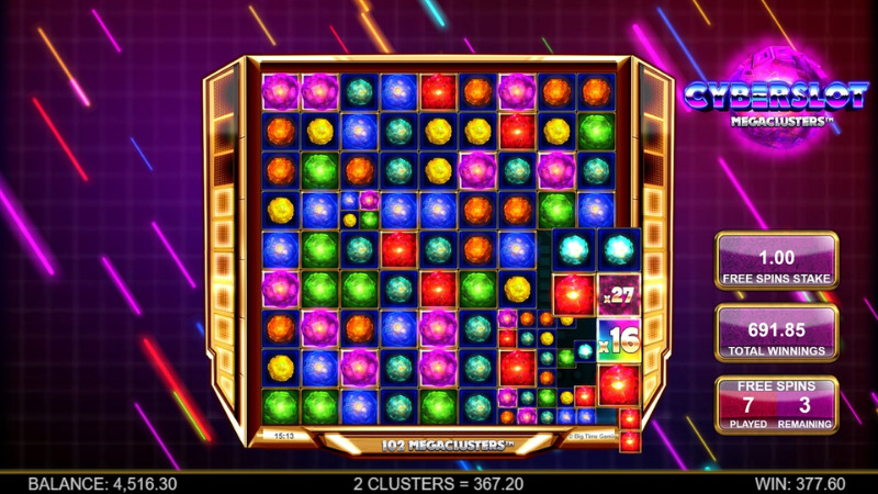 Cyberslot Megaclusters gameplay screenshot showing neon symbols