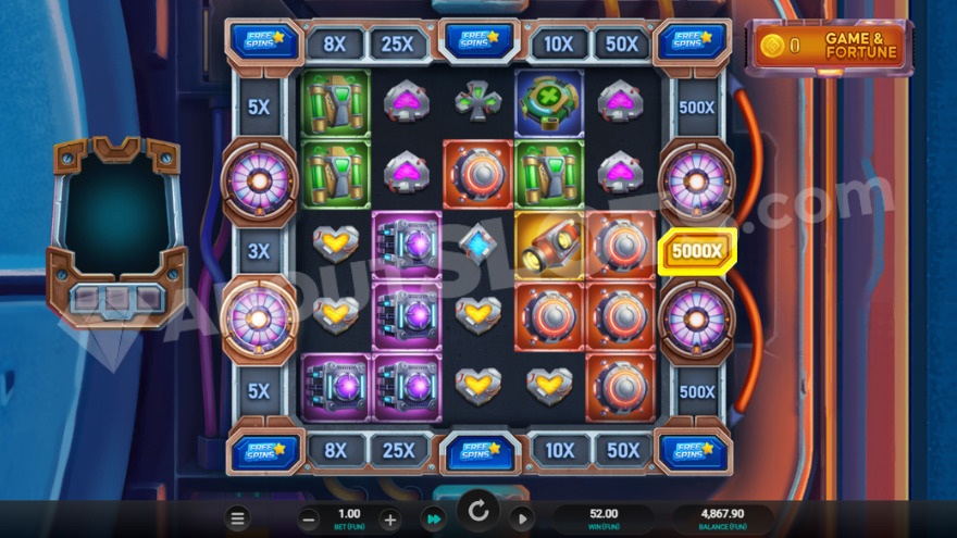 Base game interface of Cyber Vault slot with Game button visible at top right