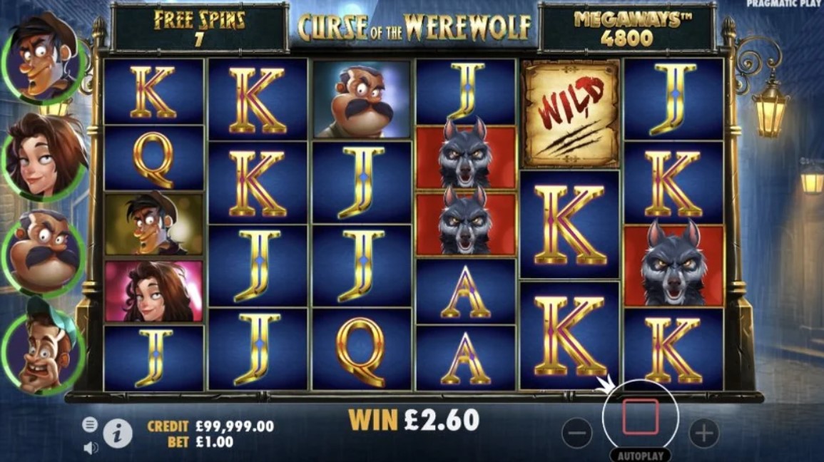 Curse of the Werewolf Megaways bonus feature activation showing free spins and multipliers