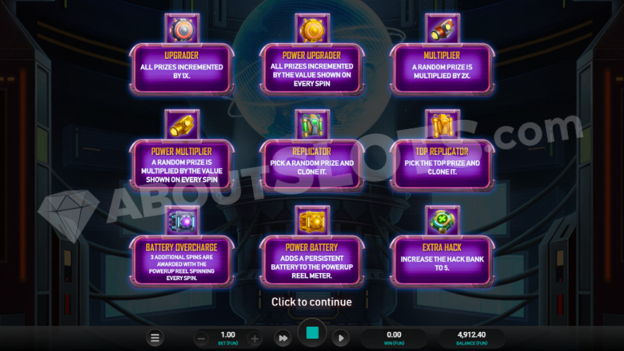 Introduction to the bonus game showing various special symbols and features