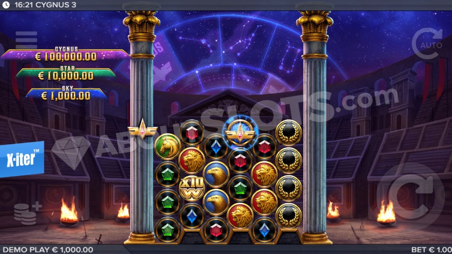 Cygnus 3 slot main game screen showing the constellation theme