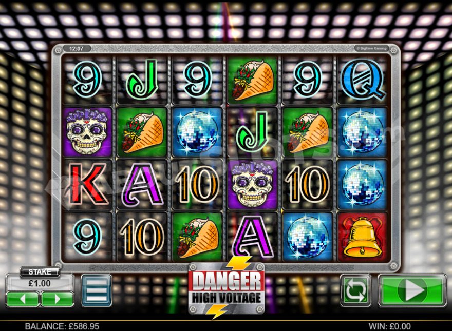 Danger High Voltage slot main screen showing 6x4 grid with electric symbols
