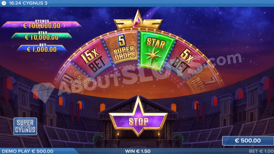 Cygnus Wheel feature where players can win instant prizes, jackpots or free drops