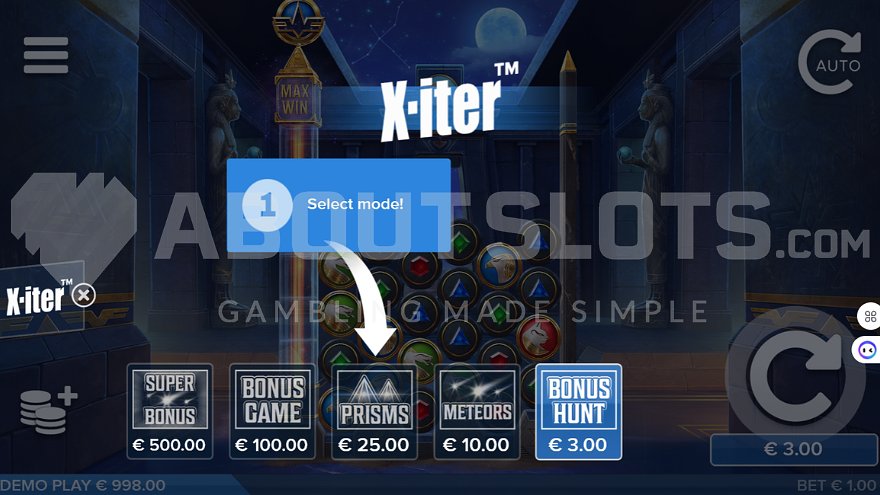 Menu offering various functions from 3X to 500X stake