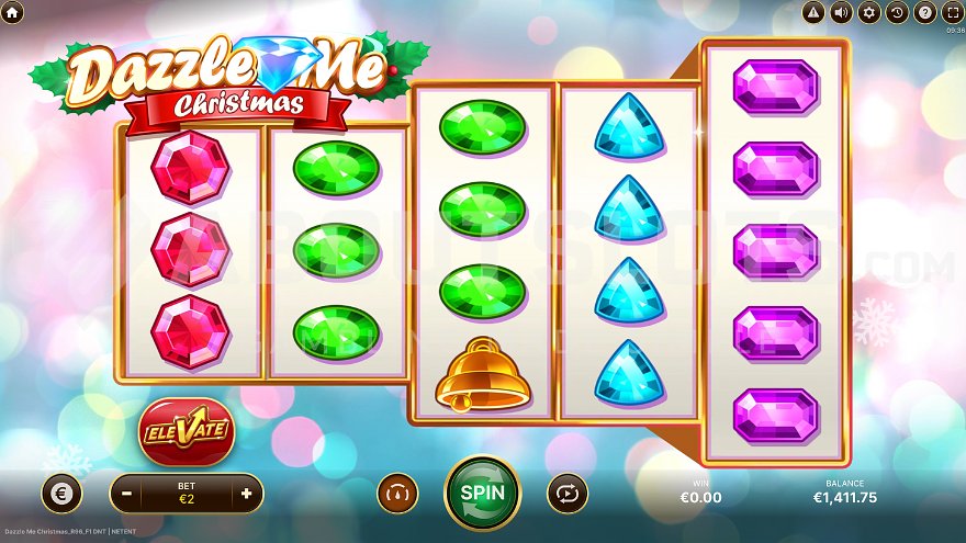 Dazzle Me Christmas slot base game with 5 reels and unique row structure 3-3-4-4-5