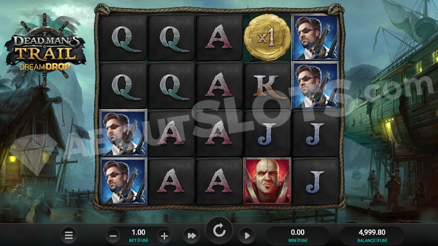 Five-reel slot machine set in a foggy harbor with pirate ships.