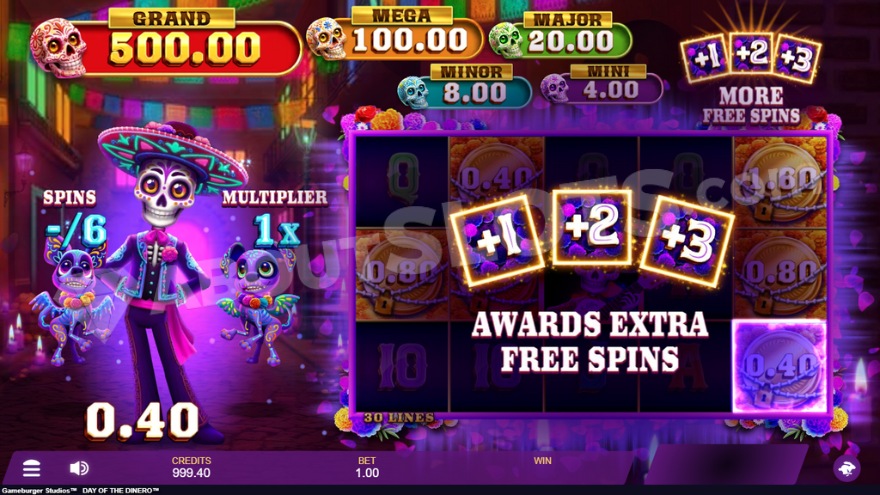 Screenshot of the free spins entry screen in Day Of The Dinero