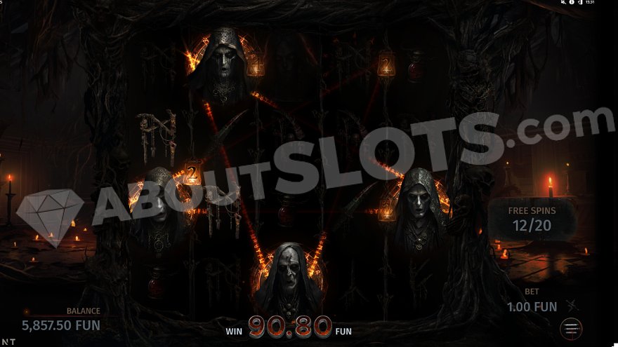 A 90.8X win with 3 Wild symbols during free spins mode.