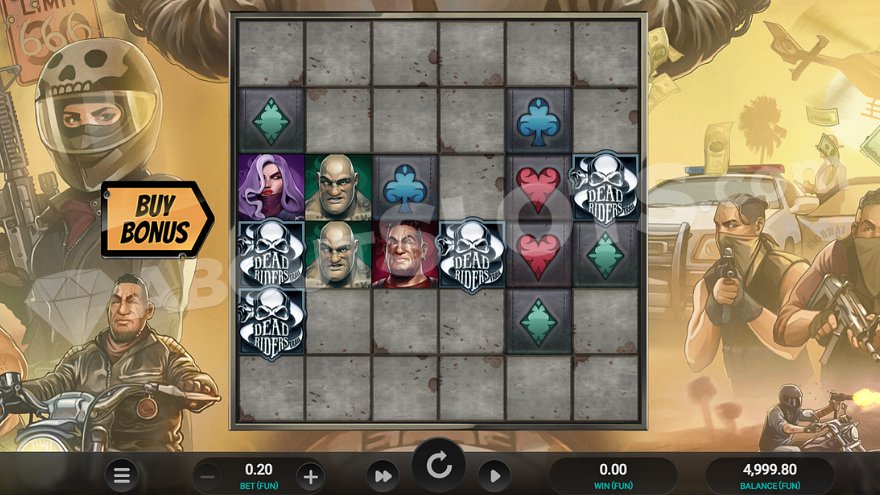 Dead Riders Trail slot main game screen showing the 6x6 grid with symbols