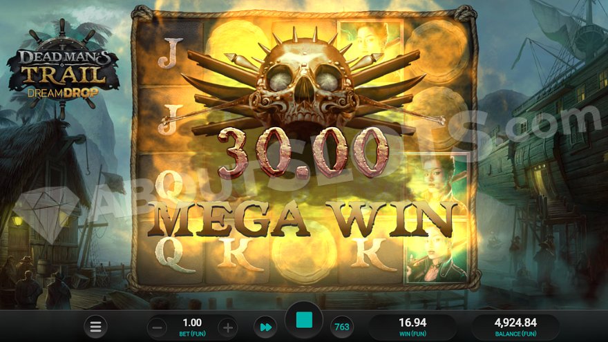 Death skull above the reels with text: '30.00 Mega win'.