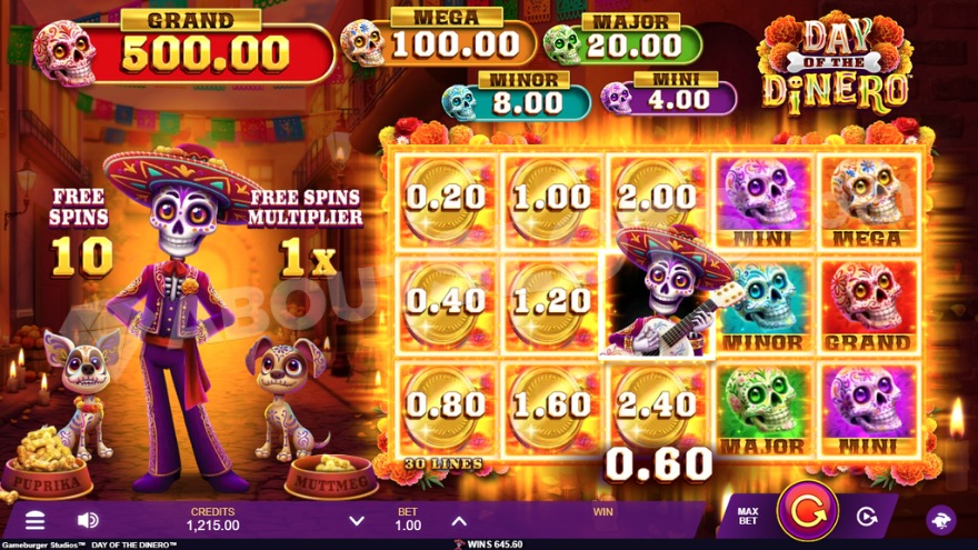 Screenshot of collecting all jackpots during free spins in Day Of The Dinero