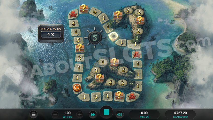 Board game-like bonus feature with a moving token on a pirate map.