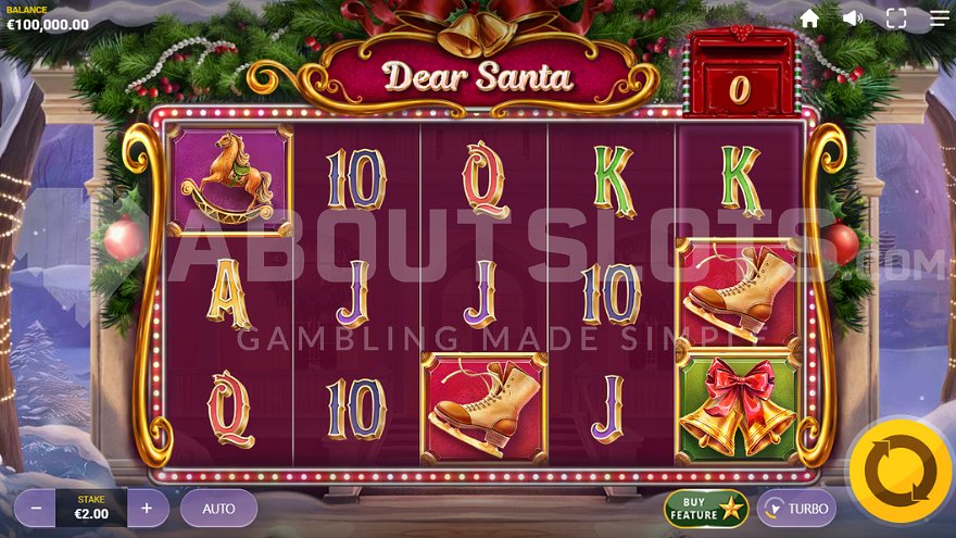 Christmas-themed slot machine with festive symbols and snow-covered background
