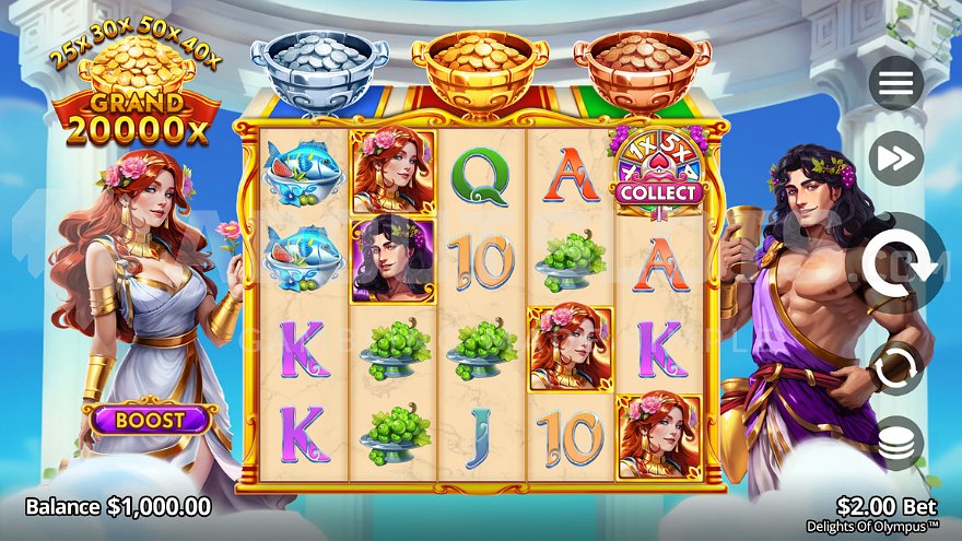 Casino slot game set on Mount Olympus with Greek gods and golden frames.