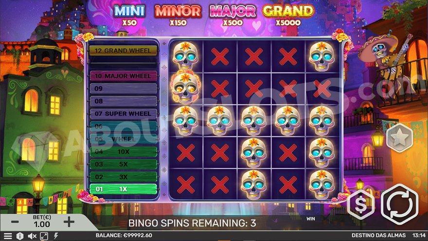 12 scatter symbols on a bingo card in the bonus feature of Destino Das Almas.