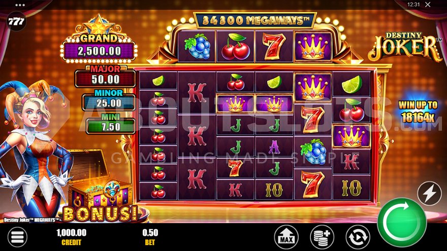 Megaways grid with a female joker character on the left