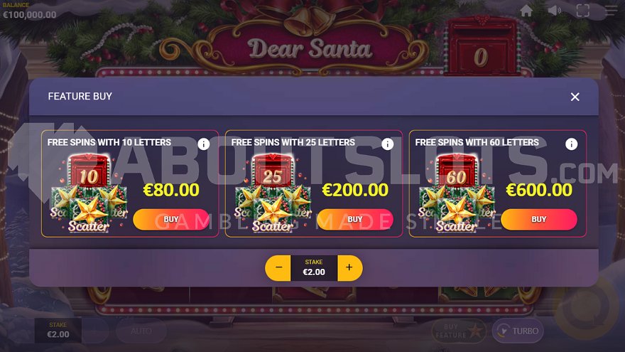 Feature buy menu showing free spins options at 40X, 100X, and 300X stake prices
