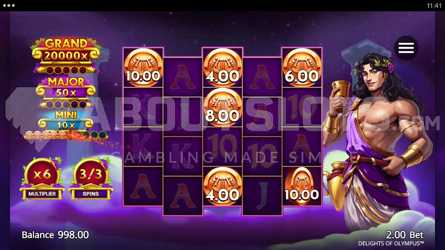 Delights of Olympus bonus game with coins and multipliers displayed on a golden background.
