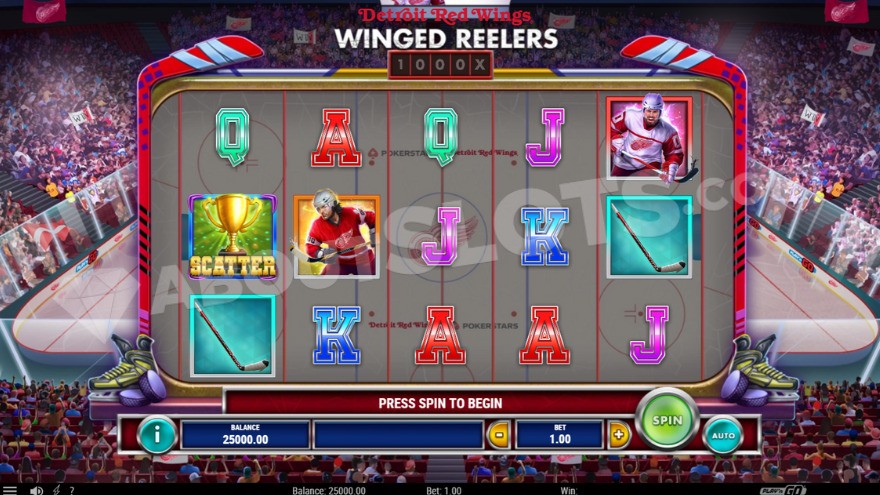 Base game of Detroit Red Wings Winged Reelers with hockey arena in the background.
