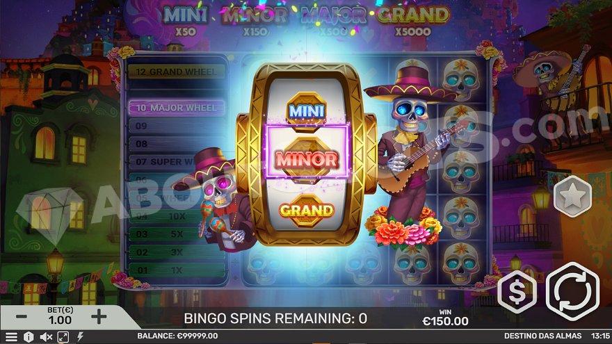 Bonus wheel in the Bingo Bonus feature of Destino Das Almas slot.