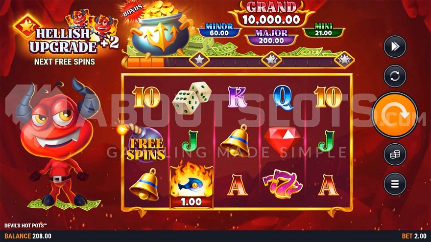 Slot machine with 5 reels and red devil character beside them