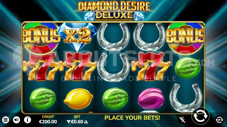 Base game with fruit symbols on the reels of Diamond Desire Deluxe slot