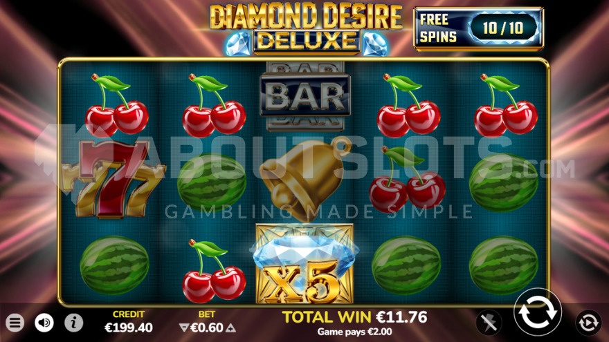 Free spins feature with 5X multiplier symbol on the middle reel in Diamond Desire Deluxe