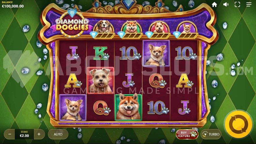 Diamond Doggies slot base game showing the reels with dog symbols