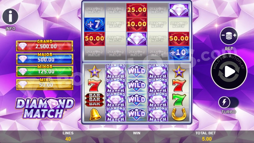Base game of Diamond Match slot with jackpots visible on the left side