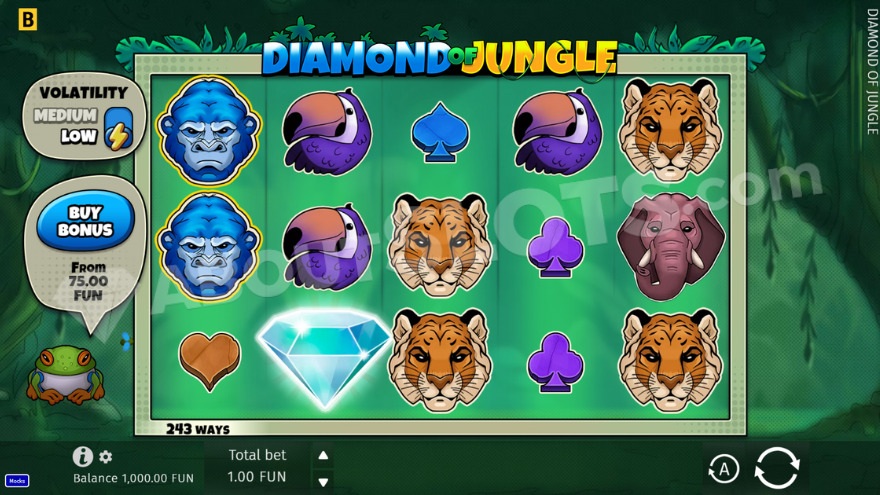 Diamond of Jungle slot game interface showing animal symbols and jungle theme
