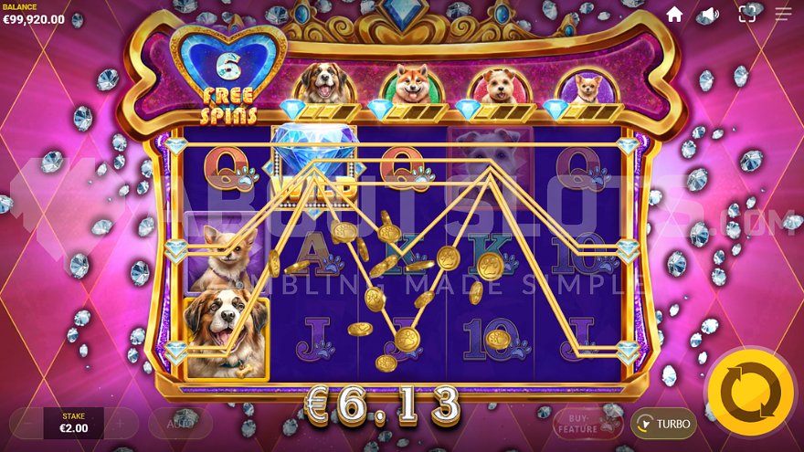 Diamond Doggies slot showing a win with a Diamond Wild symbol on the second reel during Free Spins