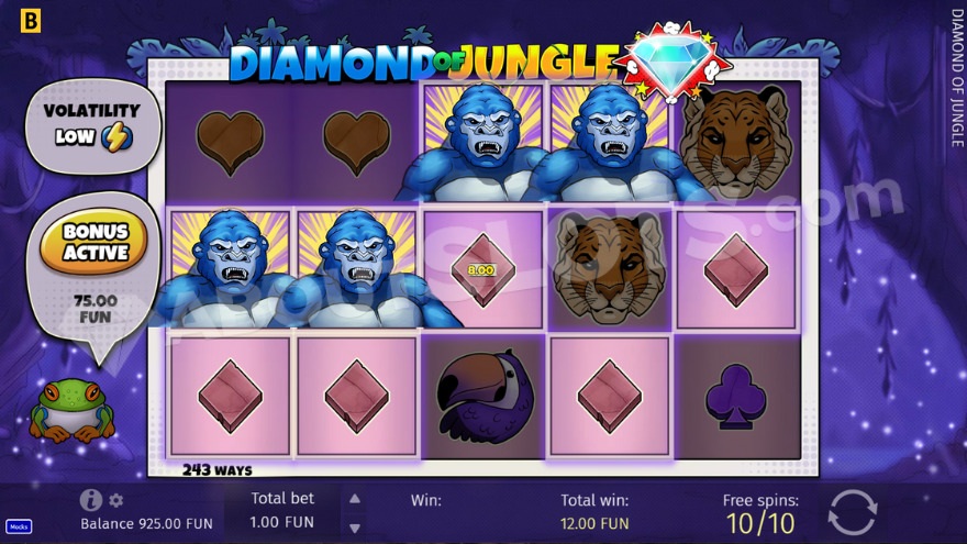 Diamond of Jungle free spins feature with multipliers shown on screen
