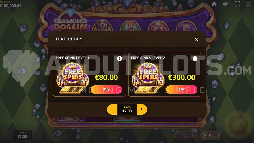 Diamond Doggies slot feature buy screen offering free spins for 40x stake and super free spins for 150x stake