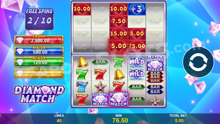 Bonus game with free spins showing two sets of reels in Diamond Match slot