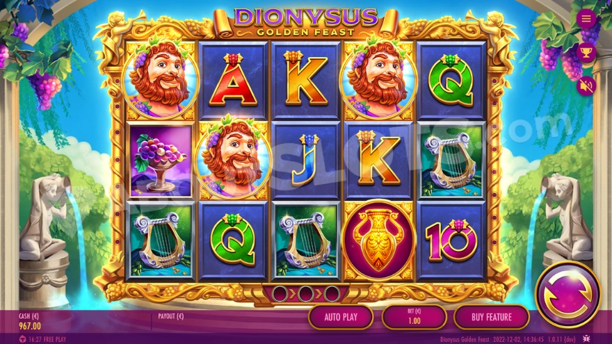 Base game screen of Dionysus Golden Feast slot